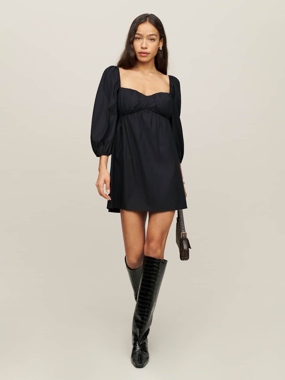Reformation Black Farley Mini Dress Puff Sleeve Square Neck Size 12